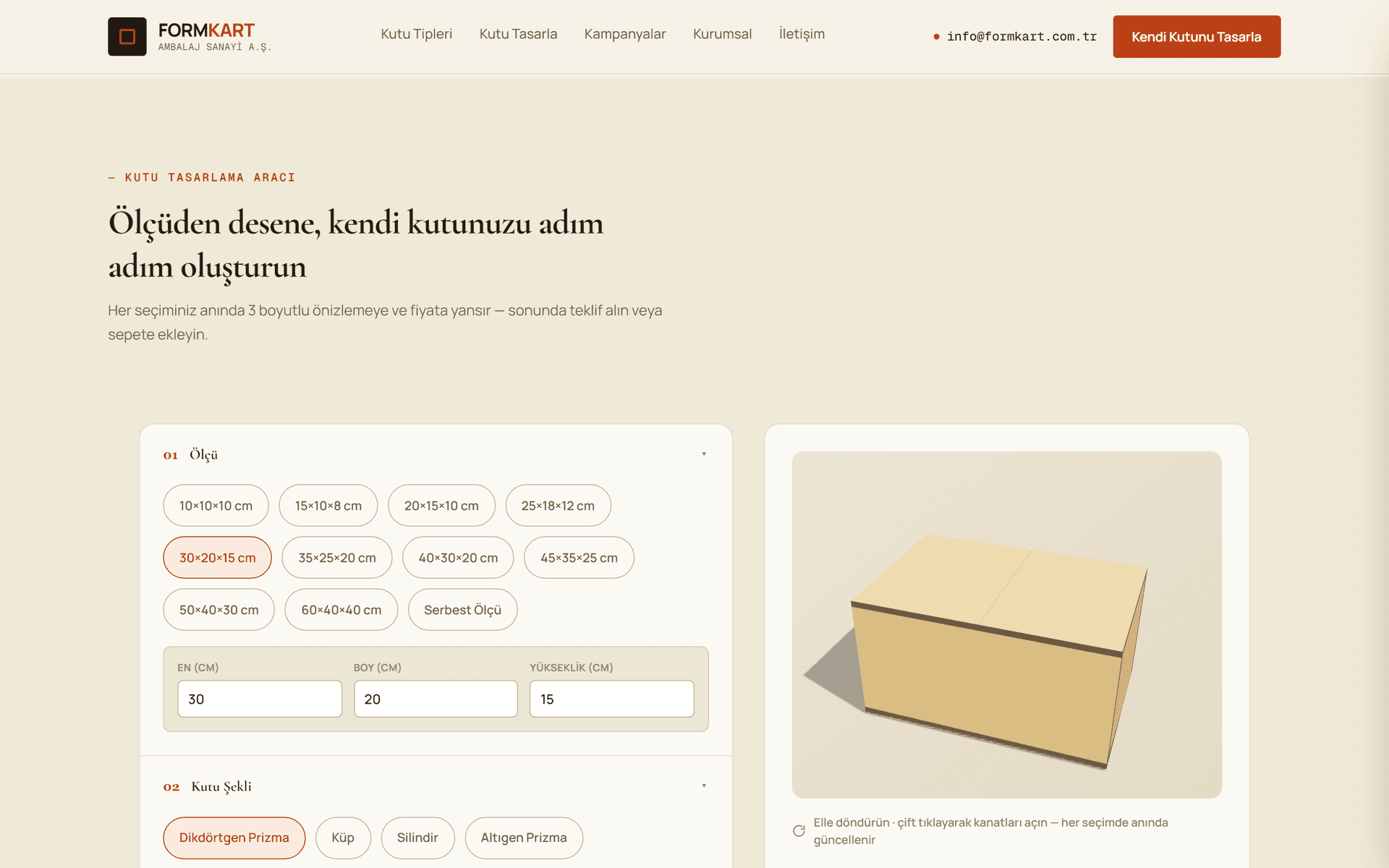 FORMKART kutu tasarlama ve anlık teklif aracı