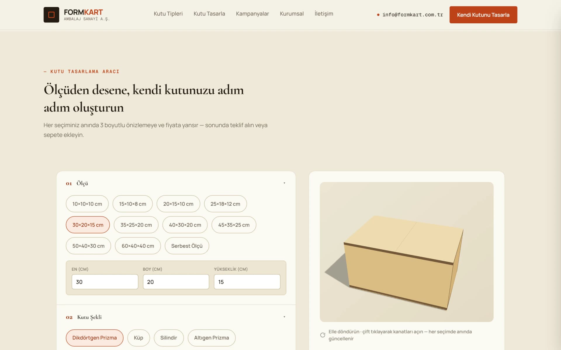 FORMKART kutu tasarlama ve anlık teklif aracı